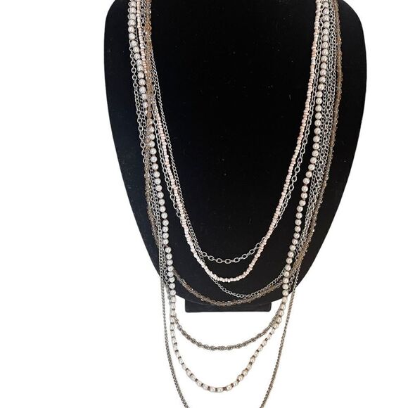 Long Seven Strand Silver-tone, Faux Pearl, and Bead Chain Necklace - Picture 11 of 12